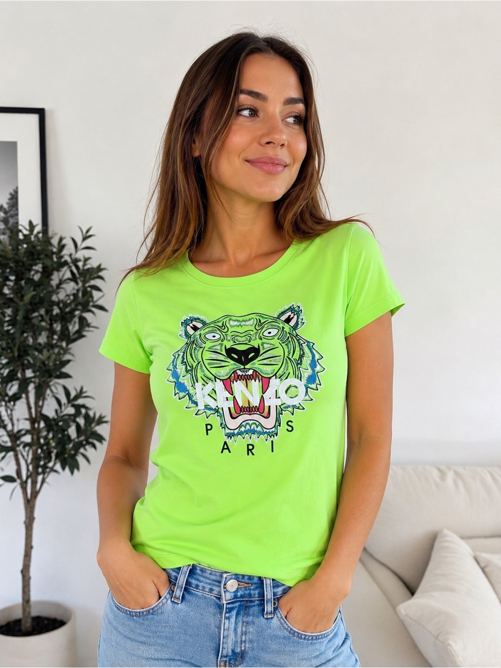 KENZO Paris Neon Green Tiger Logo Graphic Tee T-Shirt Cotton Size M fit XS/S